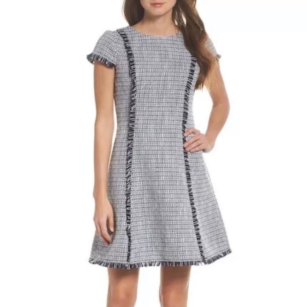 NWT Eliza J women fringe tweed dress navy size 10P